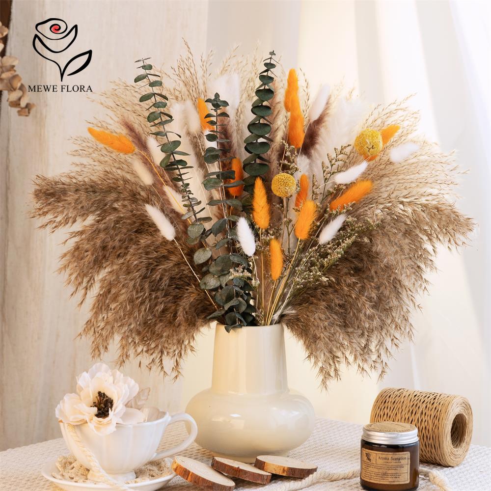 Dried Flower Bunch - 65Pcs 오렌지 팜파스 잔디 꽃다발 가을