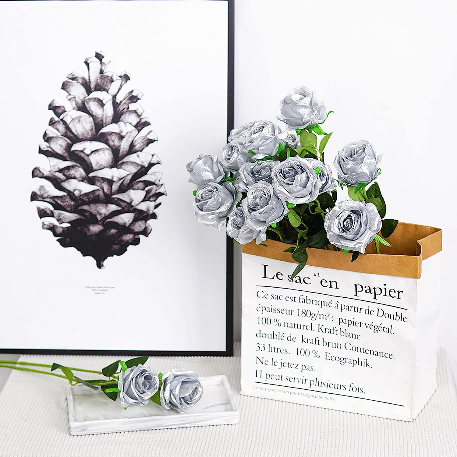 인공 은색 긴 줄기 장미, 가정, 주방, 침실 장식,  - Dried Flower Bunch 리뷰 및 가격